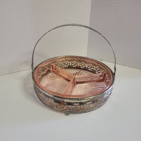 Vintage Pink Depression Glass Divided Serving Tray With Metal Base - Picture 1 of 5